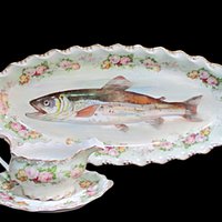 Antique Limoges France, LS & S, Coiffe Star, 13pc Fish Serving Set, 24 Inch Platter, 10 Plates, Sauce Boat and Underplate, 1891 - 1914
