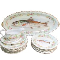 Antique Limoges France, LS & S, Coiffe Star, 13pc Fish Serving Set, 24 Inch Platter, 10 Plates, Sauce Boat and Underplate, 1891 - 1914