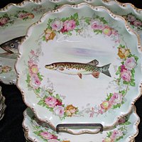 Antique Limoges France, LS & S, Coiffe Star, 13pc Fish Serving Set, 24 Inch Platter, 10 Plates, Sauce Boat and Underplate, 1891 - 1914