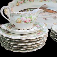 Antique Limoges France, LS & S, Coiffe Star, 13pc Fish Serving Set, 24 Inch Platter, 10 Plates, Sauce Boat and Underplate, 1891 - 1914