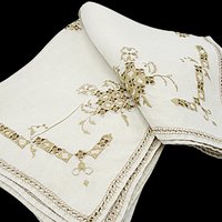 Embroidered Linen Dresser Scarves, Placemats, Cutwork Napkins, Ecru Doilies, Set of 8, Wedding Gift