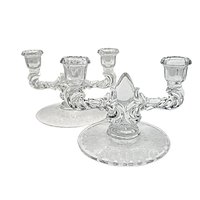 Cambridge Glass, Pair of Double Candle Holders, Ornate with Etched Base, Highly Reflective, Elegant Dining, Tablescaping