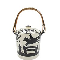 Tea Caddy, Rattan Handle, Equestrian Canister, Black and White, Fox Hunt, Horse Jumping, Marked Japan