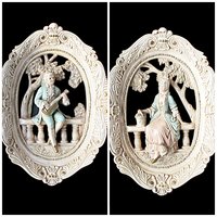 Pair of Large Victorian Couple Wall Plaques, Jayess United Inc Studio, Chicago, Park Setting, Plaster with Old Wire Hangers, 1960s