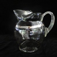 Large Cocktail Pitcher, Silver Band, Ice Lip, Iced Tea or Lemonade Pitcher, Silver Rimmed Barware, Mid Century