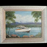 Original Oil Painting, Chris Craft Cabin Cruiser Boat, Signed and Framed, 1957 Chris Craft, Flybridge Sedan