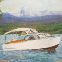 Original Oil Painting, Chris Craft Cabin Cruiser Boat, Signed and Framed, 1957 Chris Craft, Flybridge Sedan