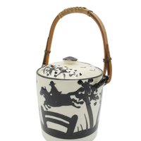 Tea Caddy, Rattan Handle, Equestrian Canister, Black and White, Fox Hunt, Horse Jumping, Marked Japan