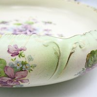 Antique Bowl or Dresser Dish Stoke on Trent England, Green with Purple Flowers, Curled Scalloped Edges, Gold Gilt Trim, 9 Inch Diameter