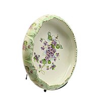 Antique Bowl or Dresser Dish Stoke on Trent England, Green with Purple Flowers, Curled Scalloped Edges, Gold Gilt Trim, 9 Inch Diameter