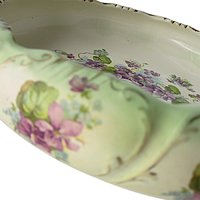 Antique Bowl or Dresser Dish Stoke on Trent England, Green with Purple Flowers, Curled Scalloped Edges, Gold Gilt Trim, 9 Inch Diameter