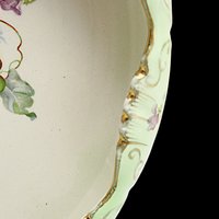 Antique Bowl or Dresser Dish Stoke on Trent England, Green with Purple Flowers, Curled Scalloped Edges, Gold Gilt Trim, 9 Inch Diameter
