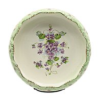 Antique Bowl or Dresser Dish Stoke on Trent England, Green with Purple Flowers, Curled Scalloped Edges, Gold Gilt Trim, 9 Inch Diameter