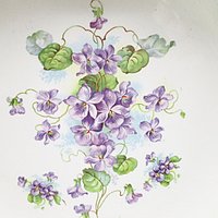 Antique Bowl or Dresser Dish Stoke on Trent England, Green with Purple Flowers, Curled Scalloped Edges, Gold Gilt Trim, 9 Inch Diameter