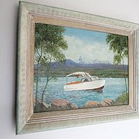 Original Oil Painting, Chris Craft Cabin Cruiser Boat, Signed and Framed, 1957 Chris Craft, Flybridge Sedan