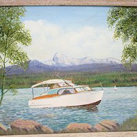 Original Oil Painting, Chris Craft Cabin Cruiser Boat, Signed and Framed, 1957 Chris Craft, Flybridge Sedan