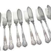 PM EPNS Silver Plate Flatware, Kings Pattern, 12pc Fish Serving Set, 6 Fish Knives, 6 Fish Forks, Philip Marks of Sheffield England