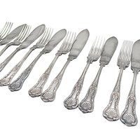PM EPNS Silver Plate Flatware, Kings Pattern, 12pc Fish Serving Set, 6 Fish Knives, 6 Fish Forks, Philip Marks of Sheffield England
