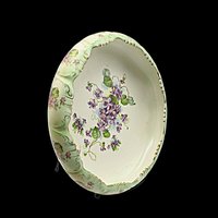 Antique Bowl or Dresser Dish Stoke on Trent England, Green with Purple Flowers, Curled Scalloped Edges, Gold Gilt Trim, 9 Inch Diameter