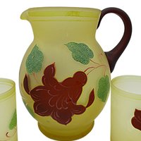 Hazel Atlas Pitcher and Juice Glasses, Frosted Yellow, Hand Painted Florals, Burgundy and Green, 4pc Set