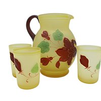 Hazel Atlas Pitcher and Juice Glasses, Frosted Yellow, Hand Painted Florals, Burgundy and Green, 4pc Set