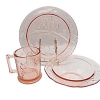 Pink Tiara Glass Toddler Childs Dish Set, Cup, Plate and Bowl, Nursery Rhymes, Baby Shower Gift, Gift for Grandchild, Wonderful Condition