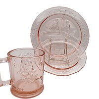 Pink Tiara Glass Toddler Childs Dish Set, Cup, Plate and Bowl, Nursery Rhymes, Baby Shower Gift, Gift for Grandchild, Wonderful Condition