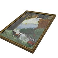 Wildlife Print, Watercolor? Framed Under Glass, Deer by Lake, with Trees, Serene , Deep Rich Colors, Lake House or Cabin Wall Decor
