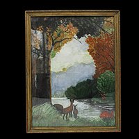 Wildlife Print, Watercolor? Framed Under Glass, Deer by Lake, with Trees, Serene , Deep Rich Colors, Lake House or Cabin Wall Decor