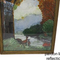Wildlife Print, Watercolor? Framed Under Glass, Deer by Lake, with Trees, Serene , Deep Rich Colors, Lake House or Cabin Wall Decor