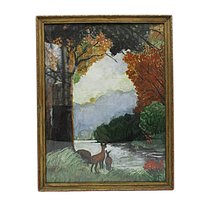 Wildlife Print, Watercolor? Framed Under Glass, Deer by Lake, with Trees, Serene , Deep Rich Colors, Lake House or Cabin Wall Decor