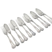 PM EPNS Silver Plate Flatware, Kings Pattern, 12pc Fish Serving Set, 6 Fish Knives, 6 Fish Forks, Philip Marks of Sheffield England