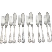 PM EPNS Silver Plate Flatware, Kings Pattern, 12pc Fish Serving Set, 6 Fish Knives, 6 Fish Forks, Philip Marks of Sheffield England