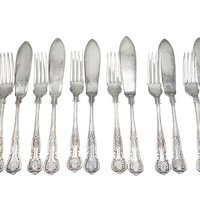 PM EPNS Silver Plate Flatware, Kings Pattern, 12pc Fish Serving Set, 6 Fish Knives, 6 Fish Forks, Philip Marks of Sheffield England