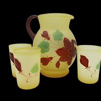 Hazel Atlas Pitcher and Juice Glasses, Frosted Yellow, Hand Painted Florals, Burgundy and Green, 4pc Set