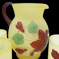 Hazel Atlas Pitcher and Juice Glasses, Frosted Yellow, Hand Painted Florals, Burgundy and Green, 4pc Set