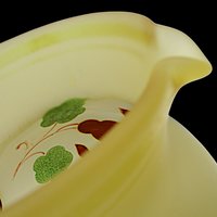 Hazel Atlas Pitcher and Juice Glasses, Frosted Yellow, Hand Painted Florals, Burgundy and Green, 4pc Set
