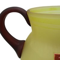 Hazel Atlas Pitcher and Juice Glasses, Frosted Yellow, Hand Painted Florals, Burgundy and Green, 4pc Set