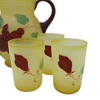 Hazel Atlas Pitcher and Juice Glasses, Frosted Yellow, Hand Painted Florals, Burgundy and Green, 4pc Set