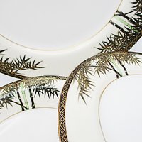 Tropical Bamboo Dinnerware, Gold Accents, Black, Green on White Background, Sets of Plates and Bowls, Your Choice, Japan