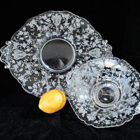 Cambridge Etched Platter and Bowl, Rose Point, Cheese and Cracker Plate, Serving Tray, AND Handled Bowl, Wedding or Bridal Shower