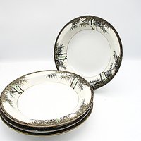 Tropical Bamboo Dinnerware, Gold Accents, Black, Green on White Background, Sets of Plates and Bowls, Your Choice, Japan