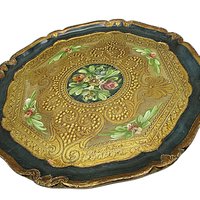 Florentine Tray, Hand Painted, Heavy Gold, Dark Green, Scalloped Edges, Floral Center, Wooden, Made in Italy