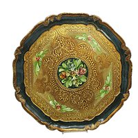 Florentine Tray, Hand Painted, Heavy Gold, Dark Green, Scalloped Edges, Floral Center, Wooden, Made in Italy