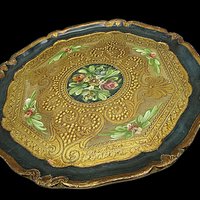 Florentine Tray, Hand Painted, Heavy Gold, Dark Green, Scalloped Edges, Floral Center, Wooden, Made in Italy