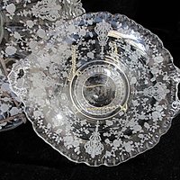 Cambridge Etched Platter and Bowl, Rose Point, Cheese and Cracker Plate, Serving Tray, AND Handled Bowl, Wedding or Bridal Shower