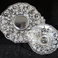 Cambridge Etched Platter and Bowl, Rose Point, Cheese and Cracker Plate, Serving Tray, AND Handled Bowl, Wedding or Bridal Shower