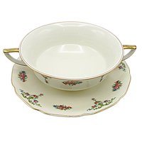 Bohemia Royal Ivory, The Myrtle, Windsor, Creme Soup Bowl and Saucer, Double Handled, Florals with Gold Trims, Made in Czechoslovakia