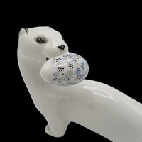 White Ermine with Egg, Russian Figurine, Lomonosov Imperial Porcelain, St Petersburg, Ferret with Egg, Excellent Condition