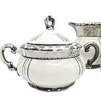 Demitasse Set, Mitterteich Bavaria, 9pcs with Teapot, Creamer, Sugar Bowl, 2 Cups, 2 Saucers, Creamy White with Deep Silver Trim, Germany